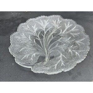10 Inch Indiana Sandwich Glass Pebble Clear Cabbage Leaf 2 Part Divided Relish